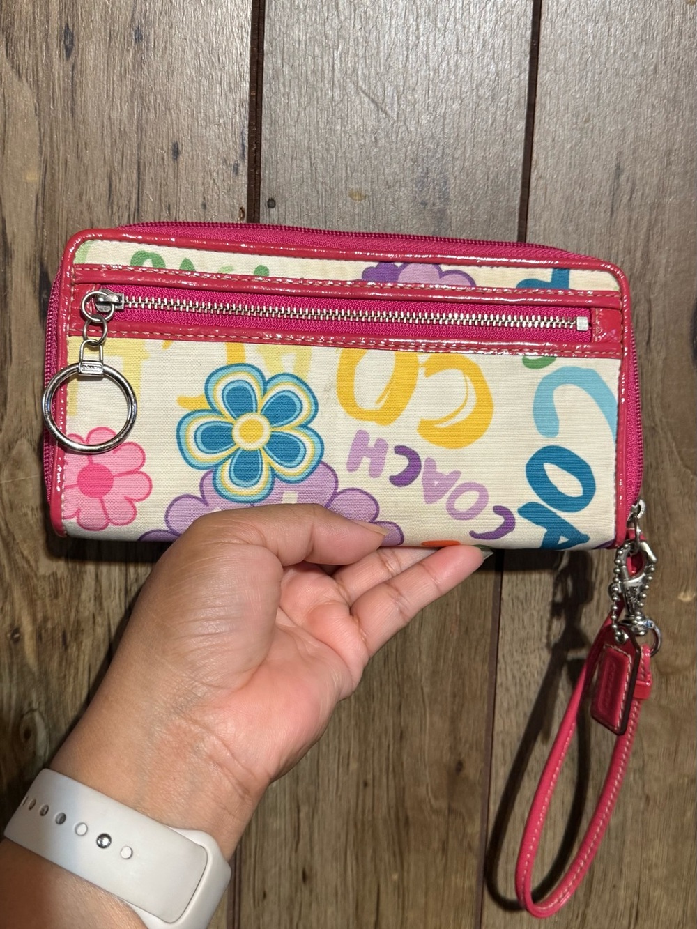 Coach Cream Floral Wristlet with Pink Trim